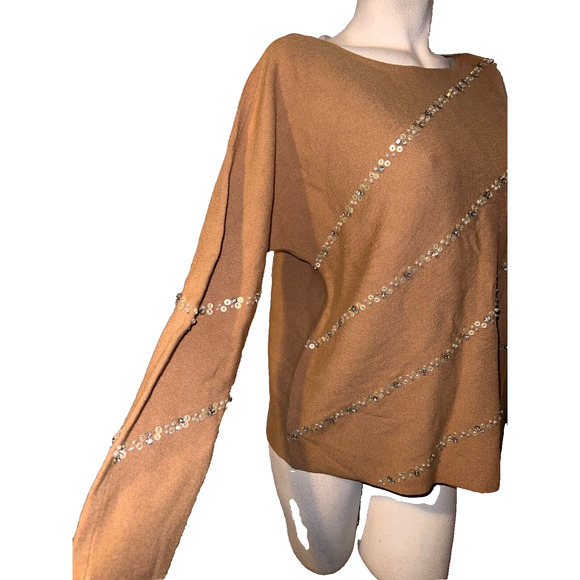 New CHICO'S Sweater Sz L (2) Camel Diagonal Beaded Embellished Pullover Knit Top - Picture 3 of 7